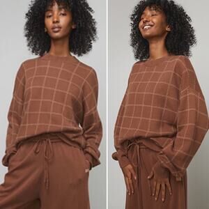 Lunya Cozy Cotton Silk Pullover Sweater Walnut Windowpane Brown NWT Medium NEW